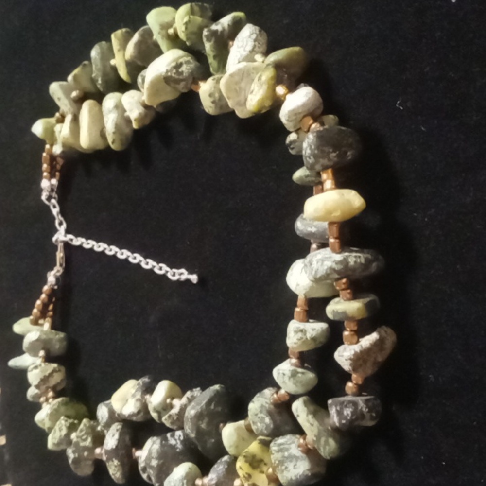 Natural Jasper stone layered necklace 18+2 in. Beautiful greens, blacksm